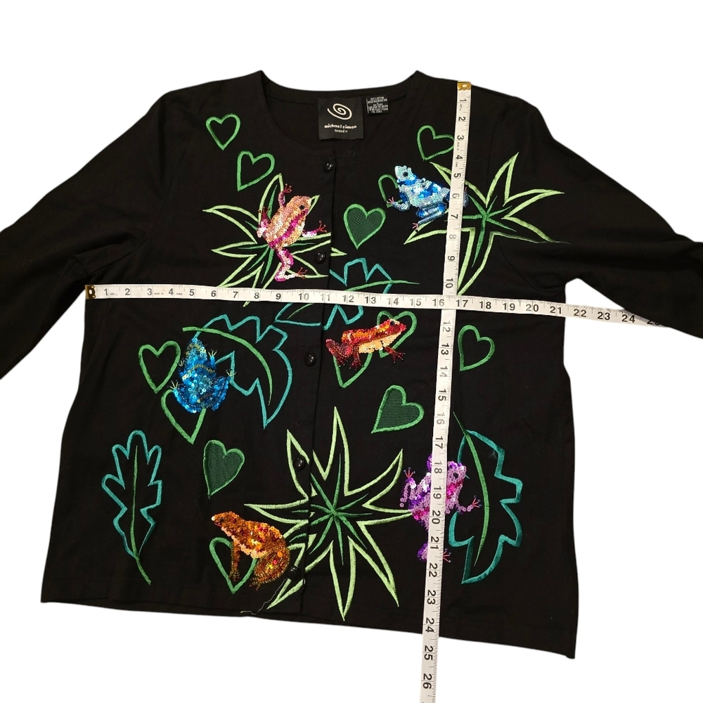 Michael Simon Sequin Frog Cardigan Sweater Black Knit Button Down Size L - Picture 7 of 9